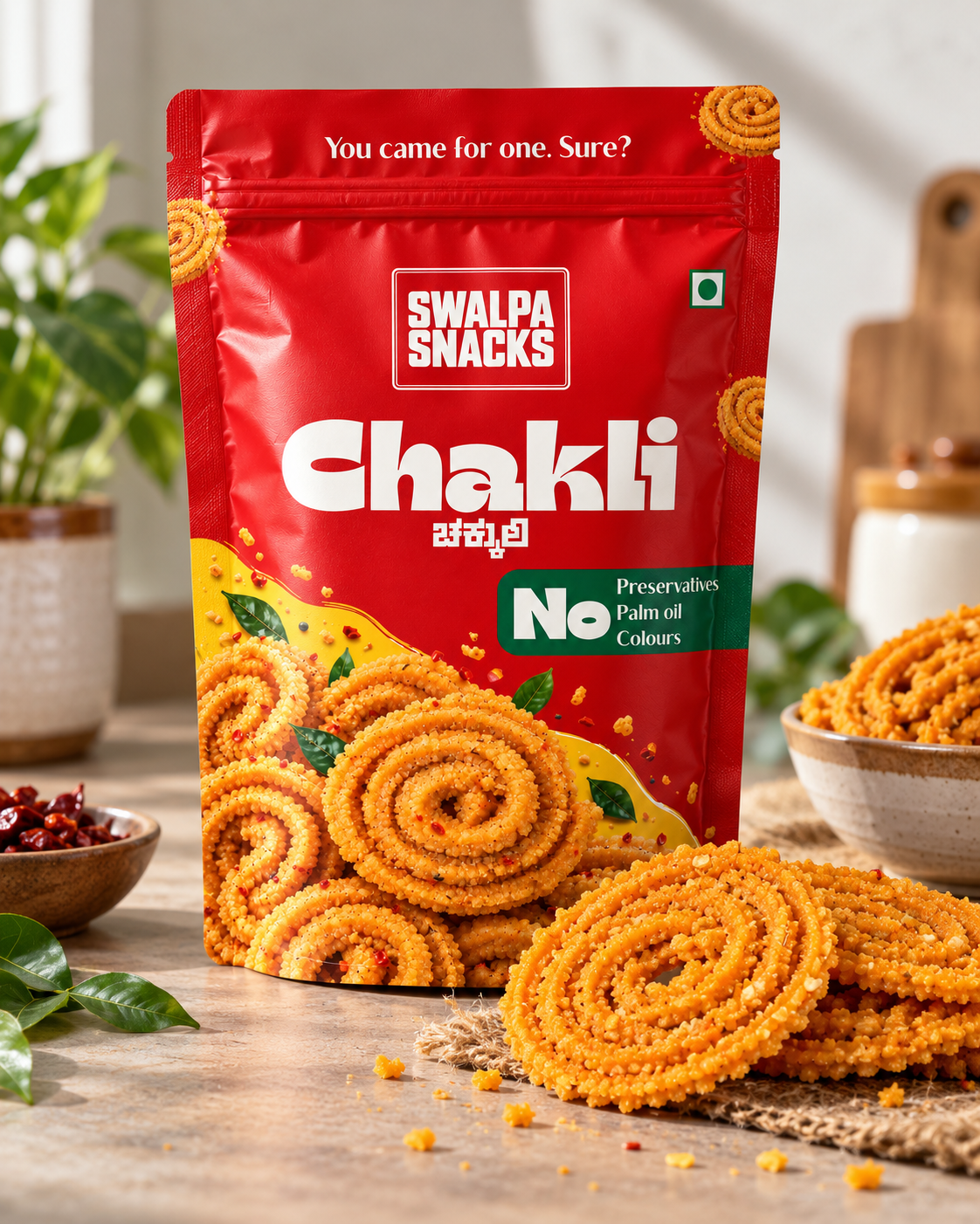 Swalpa Snacks Chakli pouch with realistic chakli in a bright kitchen setting