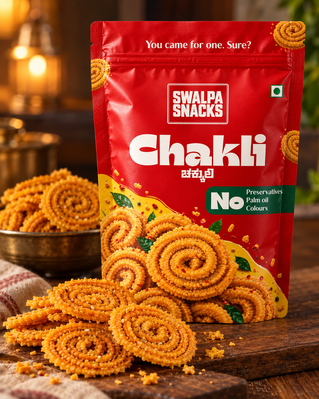 Swalpa Snacks Chakli pouch with realistic chakli in a warm traditional setting
