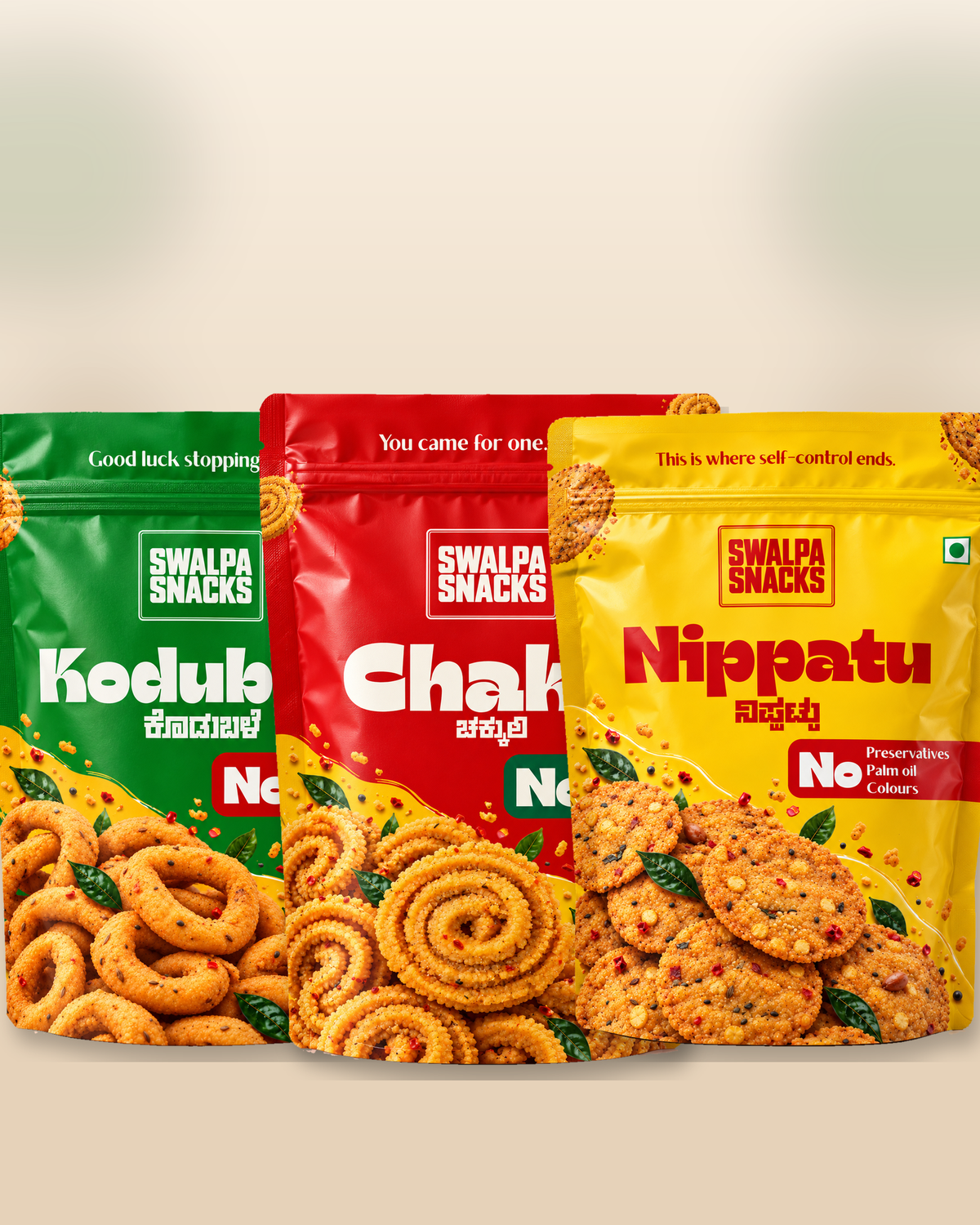Swalpa Snacks Chakli, Kodubale and Nippattu three-pack studio product shot